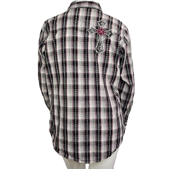 ROCK 47 BY WRANGLER Pink/Black/Grey Plaid Embroidered Western Shirt Size XXL - Picture 2 of 10